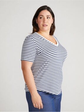 Universal Standard V Rex Short Sleeve Tee in White/Cenote Stripe Size L, 22-24